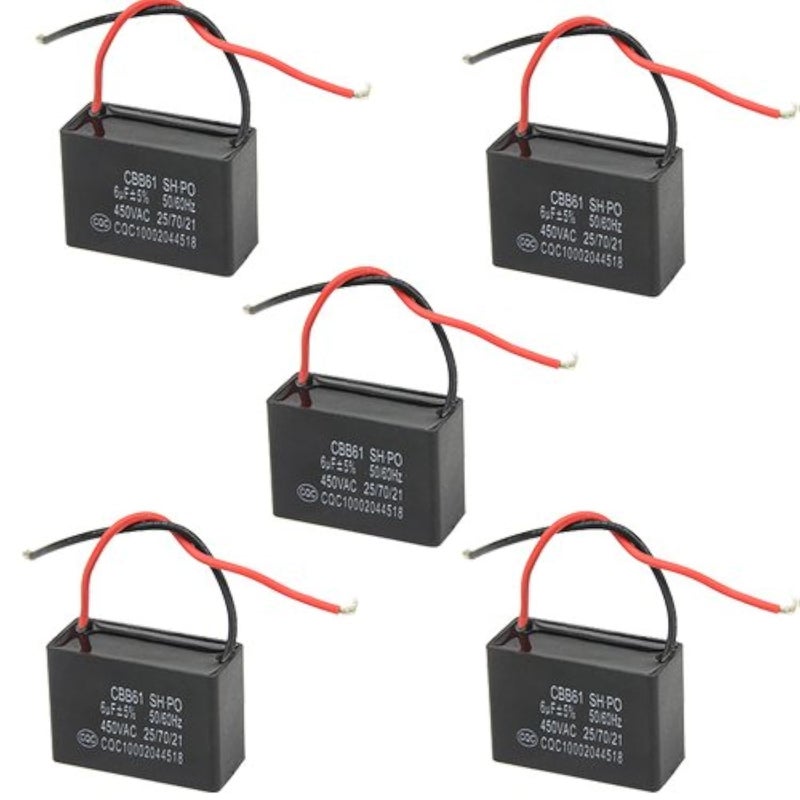 WMYCONGCONG 5 PCS CBB61 Ceiling Fan Capacitor Replacement 2 Wire Metalized Polypropylene Film Capacitors for Wall Fan Motor Run Capacitor 6 uF 450V 50/60 Hz - Image 1
